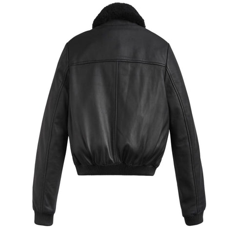 Amira Black Fur Bomber Leather Jacket