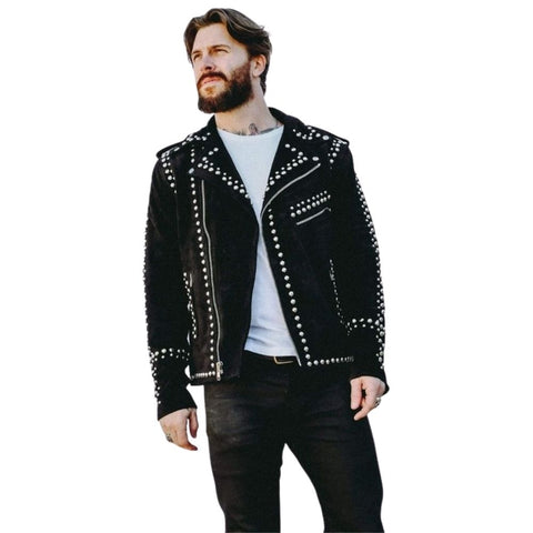 Xavier Black Studded Suede Biker Leather Jacket